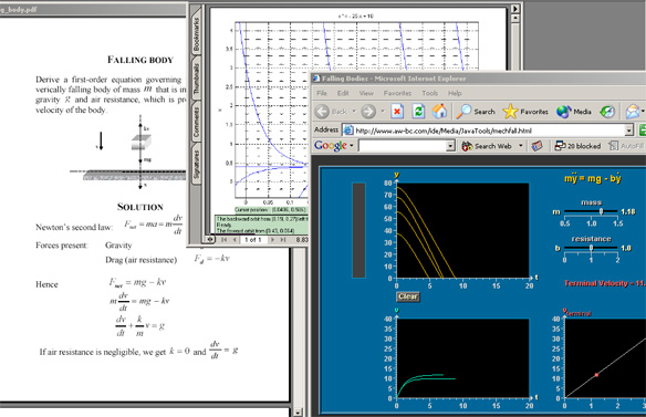 This screen capture shows: falling body applet window, PDF file with analytic solution and the picture of corresponding direction field